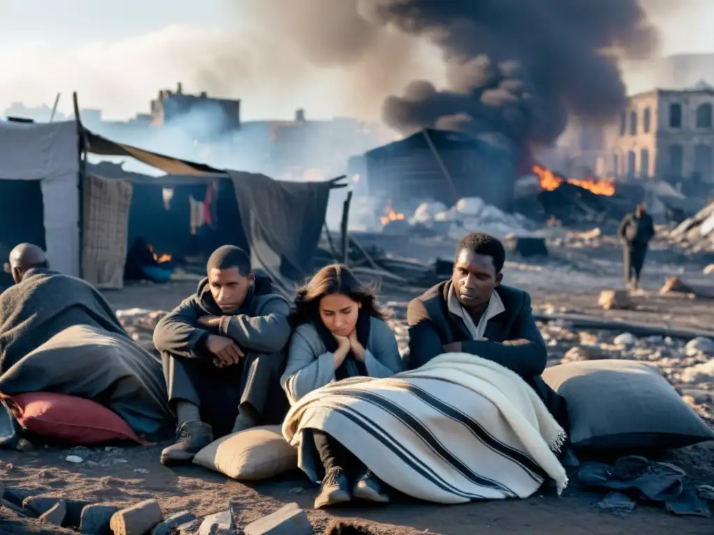 Un grupo de personas se refugia en una ciudad destruida por la guerra, mostrando determinación y agotamiento