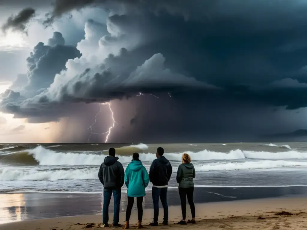 Un grupo de personas en una comunidad costera enfrenta un poderoso huracán