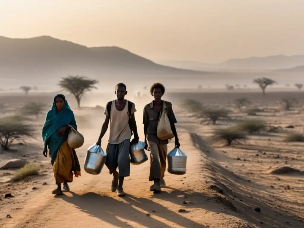 Grupo de personas desplazadas caminando en un paisaje árido y seco, transmitiendo la dura realidad de la migración forzada por el clima