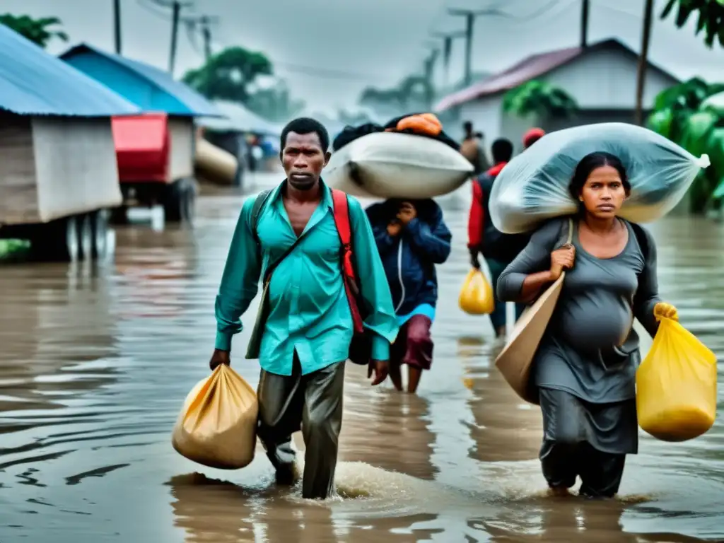 Grupo de personas desplazadas cargando sus pertenencias en área urbana inundada, buscando refugio tras el impacto de desastre natural