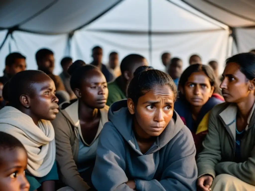 Un grupo de personas desplazadas se reúnen en un refugio improvisado, reflejando miedo, resiliencia y esperanza