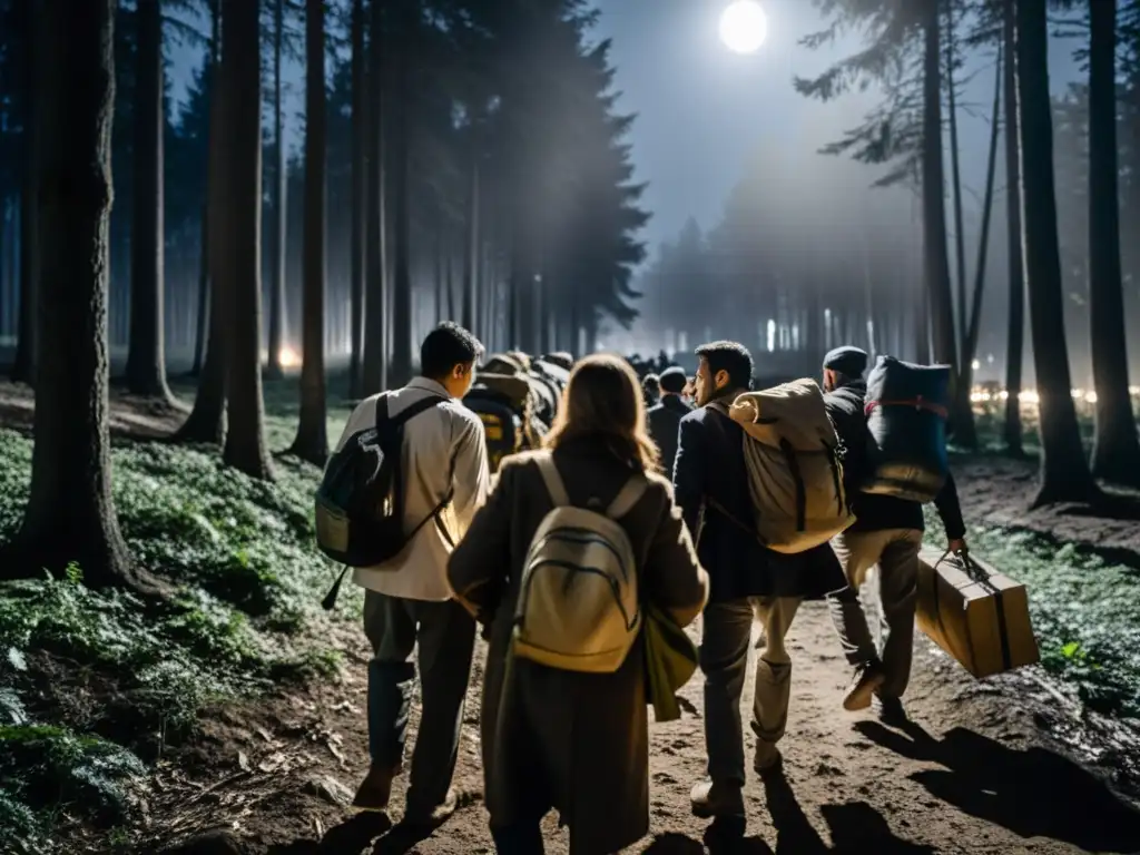 Un grupo de personas escapa de las dictaduras en Europa del Este, huyendo a través del bosque en la noche, con determinación y esperanza en sus ojos