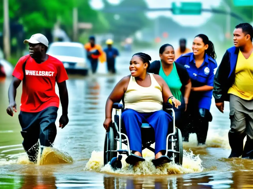 Grupo de personas con discapacidad y cuidadores superando una inundación, mostrando determinación y protección en emergencias