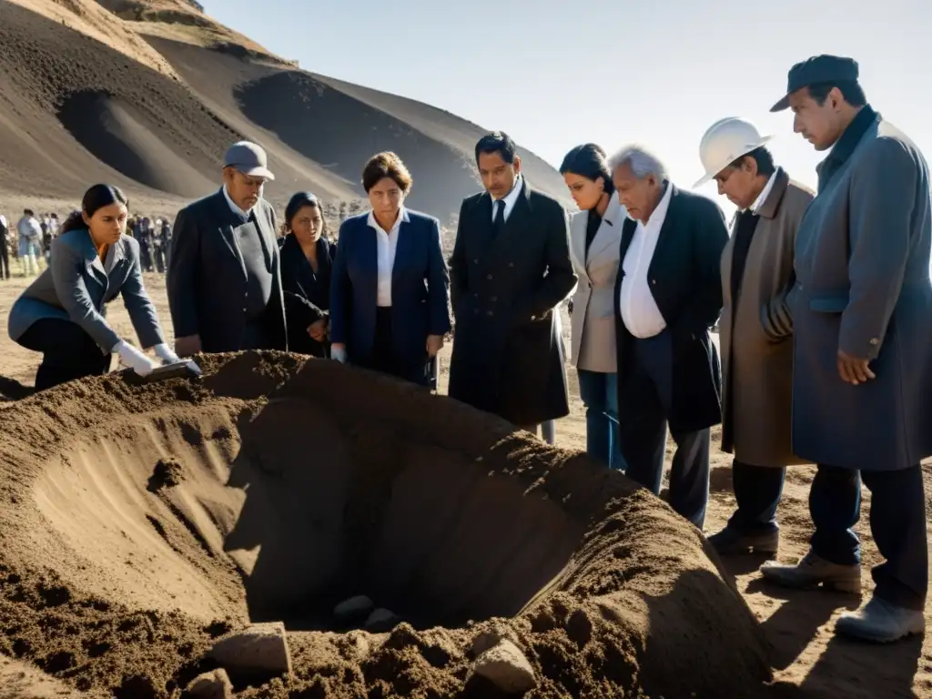 Un grupo de personas, incluyendo expertos forenses y activistas de derechos humanos, excavando una fosa común en Chile