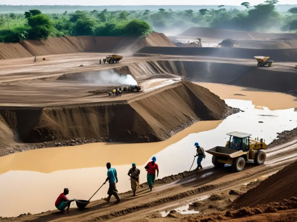 Grupo de personas realizando extracción de recursos en un área conflictiva, mostrando impacto ambiental y explotación laboral