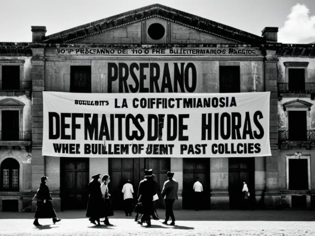 Grupo de personas frente a edificio histórico con letrero 'Preservando la historia de conflictos marginados', reflejando determinación y esperanza