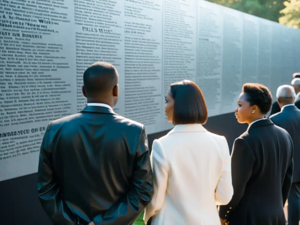 Grupo de personas frente a memorial con nombres de víctimas, representando la importancia de la memoria histórica en los derechos humanos