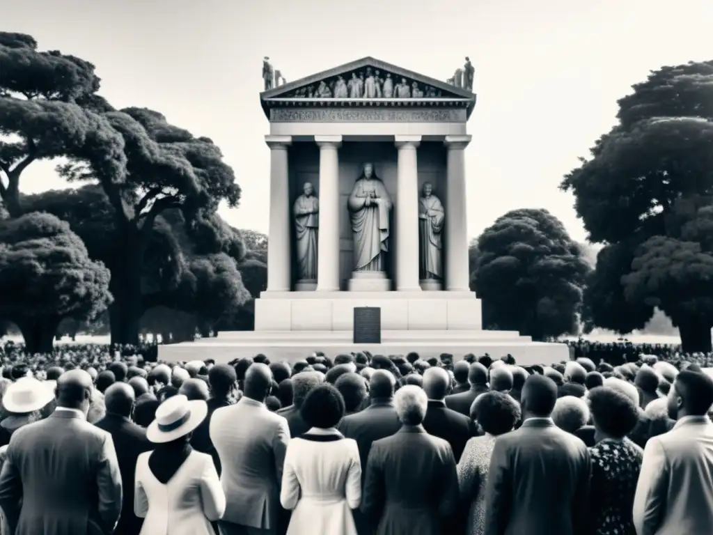 Grupo de personas frente a monumento histórico, rostros de solemnidad y preservación de la memoria histórica