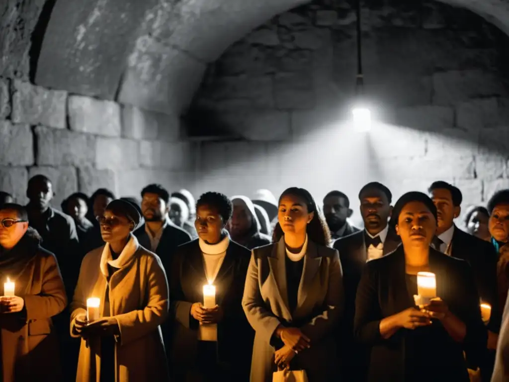 Un grupo de personas se reúne en una iglesia clandestina bajo tierra, iluminados por velas