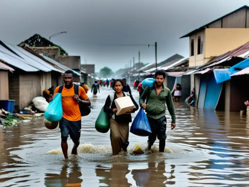 Grupo de personas migrando forzadamente por inundación, impacto del cambio climático en la migración forzada