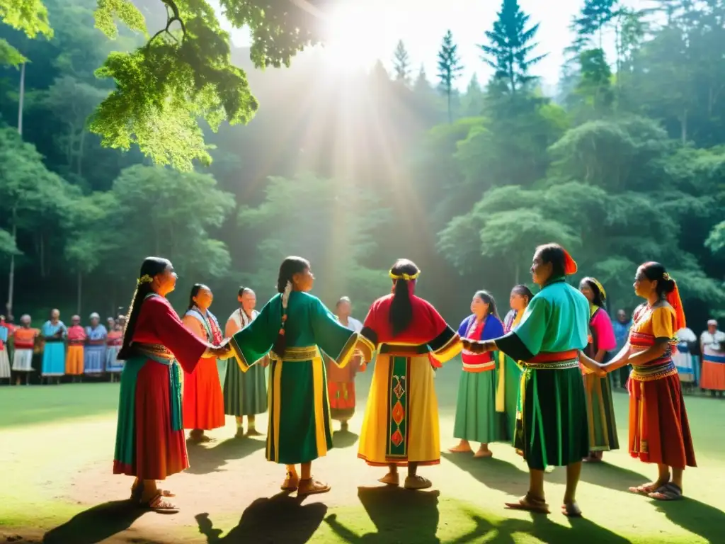 Ceremonia de danza indígena en la selva Un grupo de personas indígenas celebra su cultura y tradiciones, unidos en un baile ceremonial en medio de la naturaleza