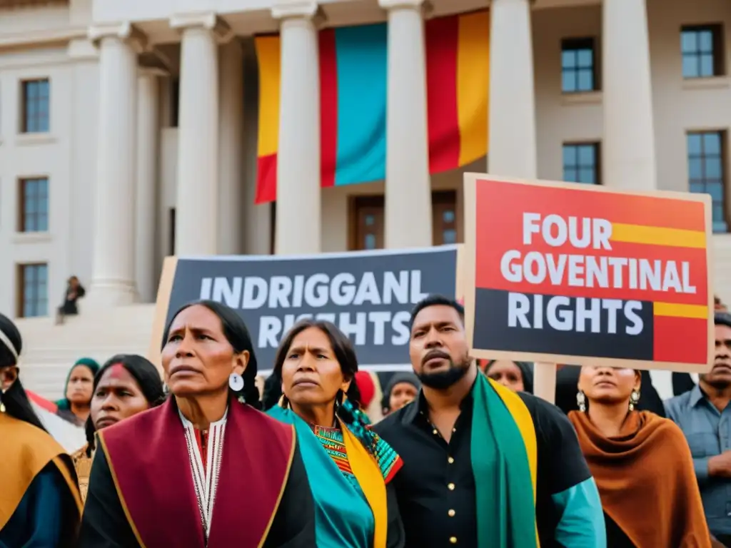 Un grupo de personas indígenas protesta pacíficamente por sus derechos humanos frente a un edificio gubernamental en Bolivia