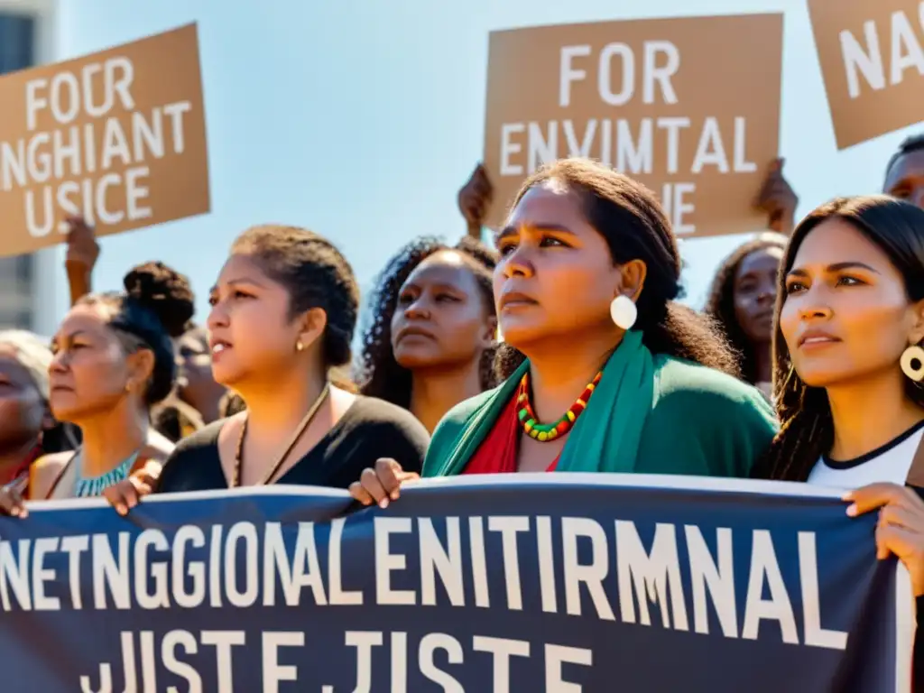 Protesta indígena por justicia ambiental y derechos humanos Un grupo de personas indígenas protesta pacíficamente frente a un tribunal, abogando por derechos humanos globales y la protección del medio ambiente