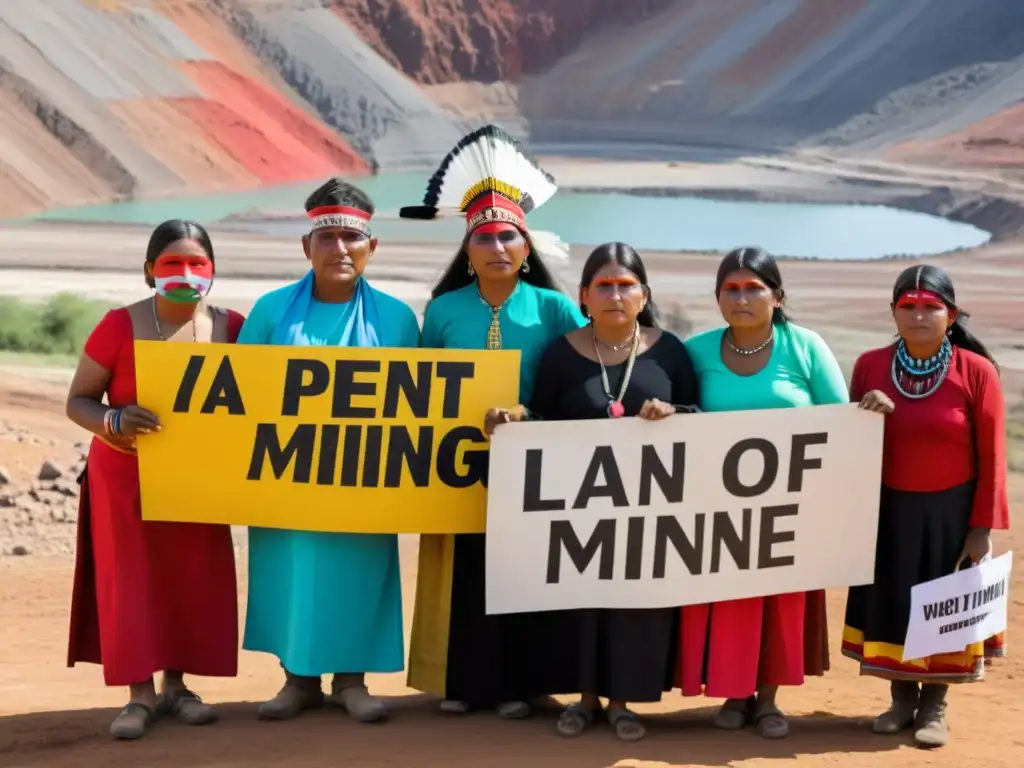 Un grupo de personas indígenas protestando contra el impacto irreversible de la minería a gran escala en su tierra, con el rostro pintado y pancartas