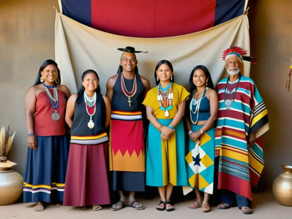 Un grupo de personas indígenas con orgullo frente a sus artefactos culturales