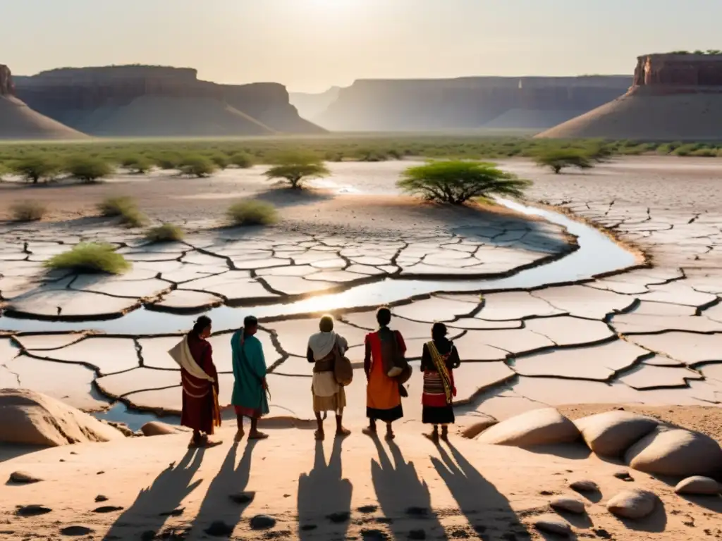 Un grupo de personas indígenas en un paisaje seco y agrietado por el cambio climático y derechos humanos