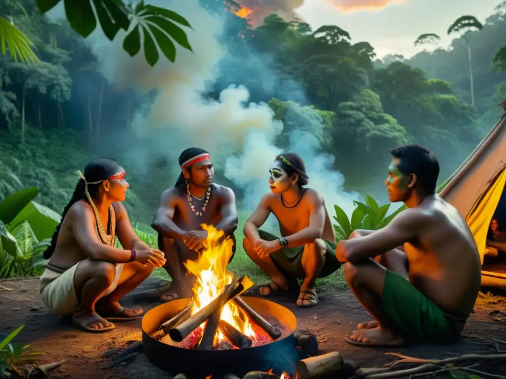 Un grupo de personas indígenas reunidas alrededor de una fogata en la selva, vistiendo ropa tradicional y pintura facial