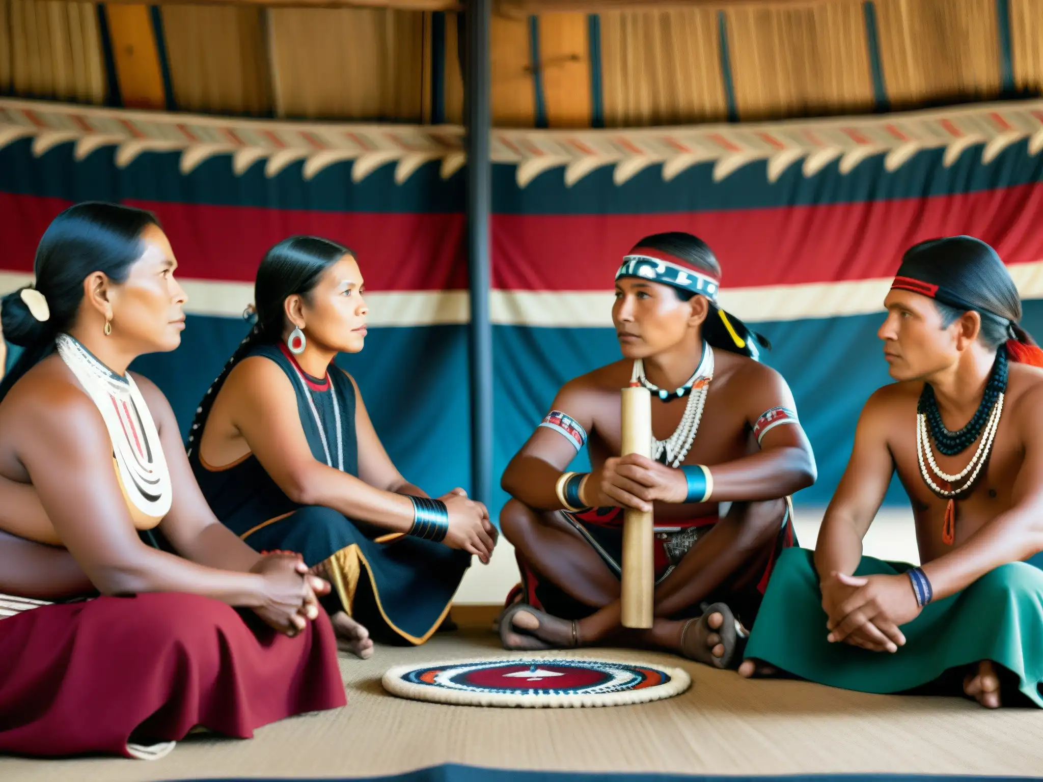 Un grupo de personas indígenas reunidas en un lugar tradicional, con vestimenta y marcas tribales vibrantes, transmitiendo orgullo y unidad