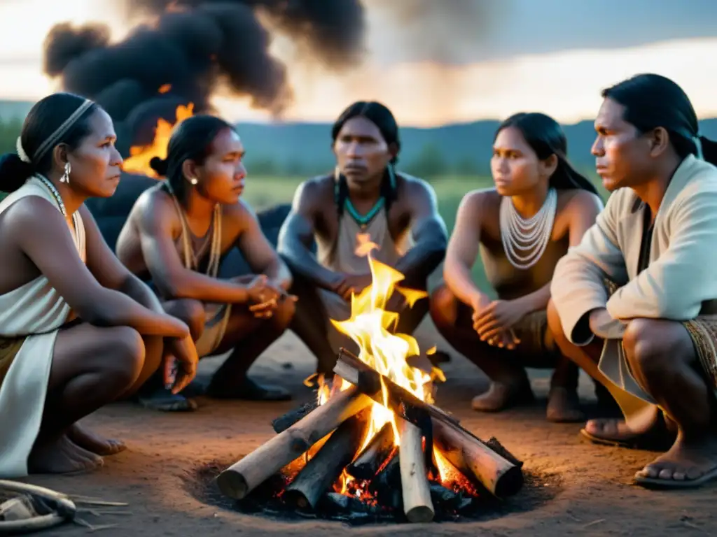 Un grupo de personas indígenas reunidas alrededor de una fogata, con expresiones serias