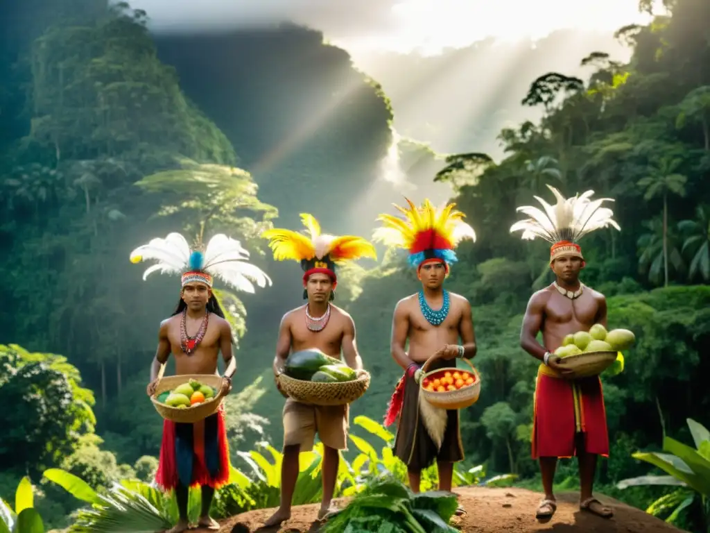 Un grupo de personas indígenas con vestimenta tradicional y cestas de frutas en la selva