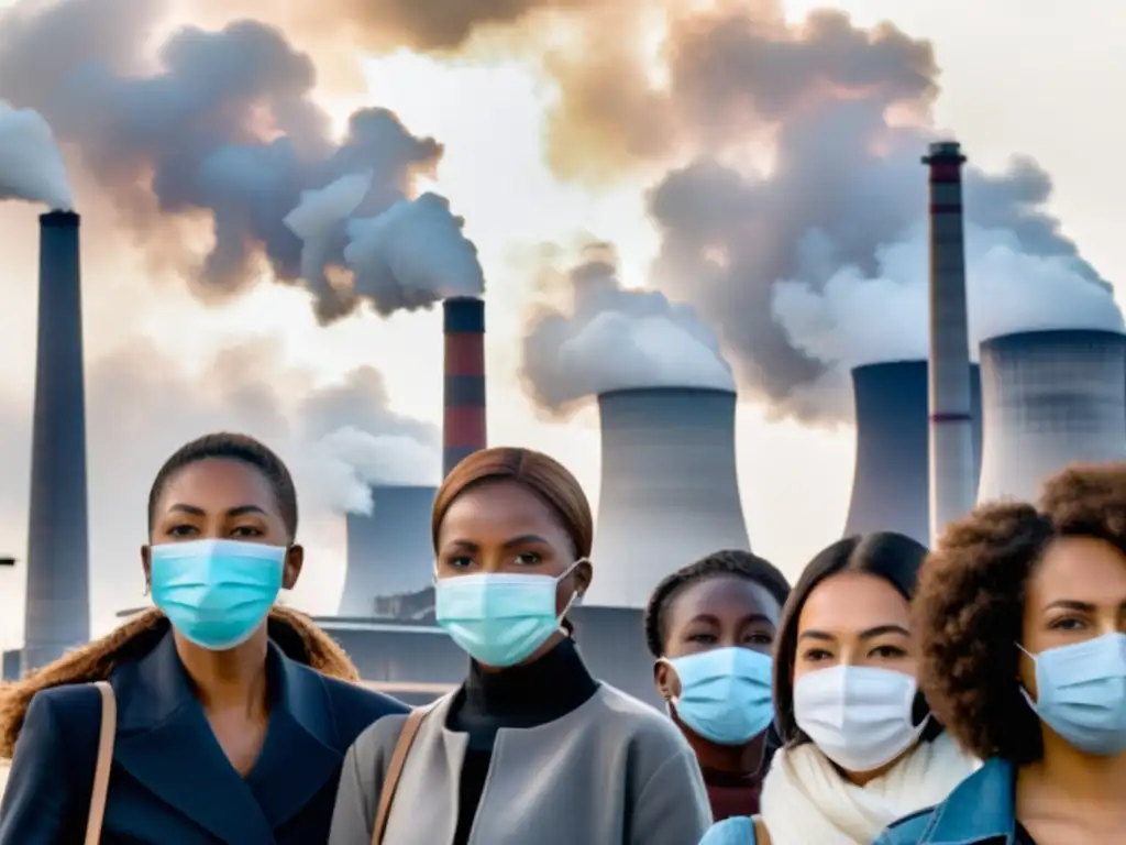 Un grupo de personas con máscaras sostiene carteles por la salud pública y aire limpio frente a chimeneas de fábricas