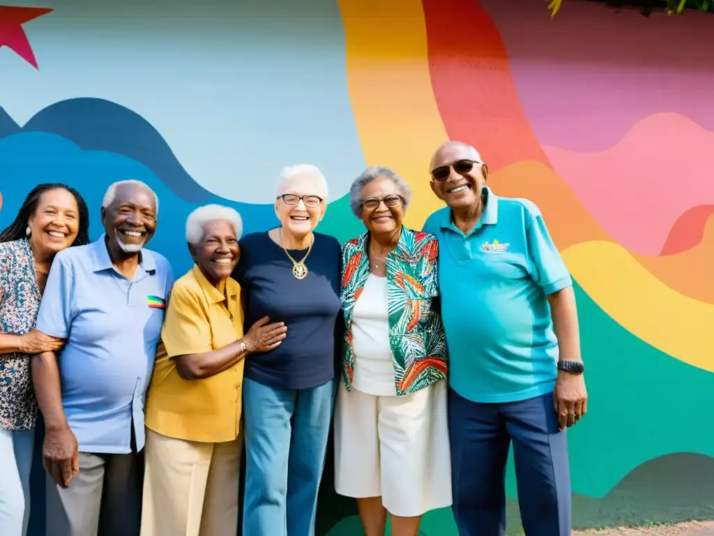 Grupo de personas mayores LGBTIQ+ unidas frente a mural colorido que refleja la historia de su comunidad