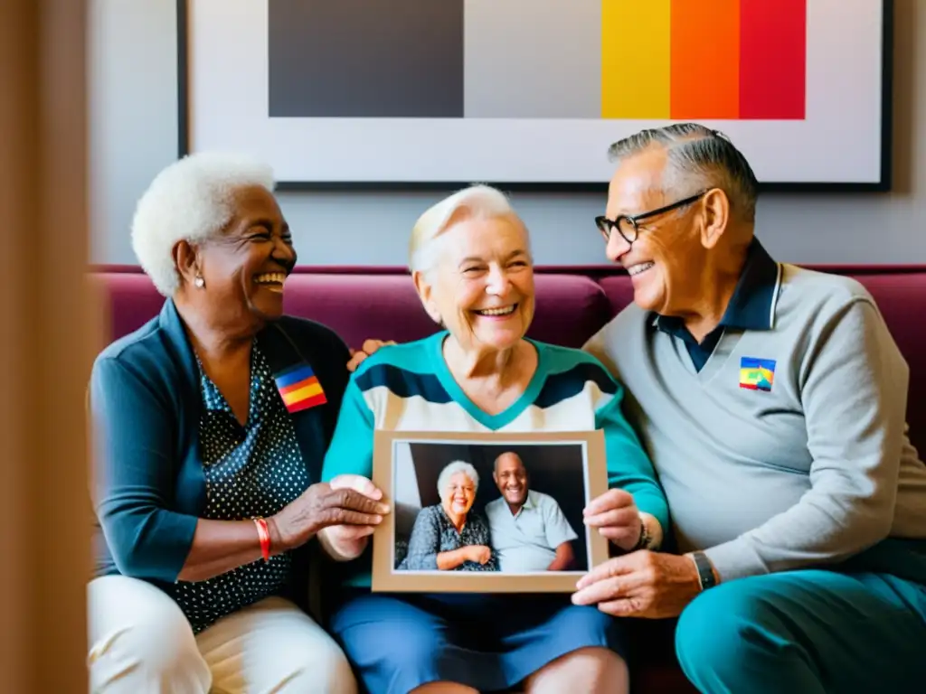 Un grupo de personas mayores LGBTIQ+ se reúnen en una habitación cálidamente iluminada, compartiendo historias y risas mientras muestran una foto de juventud