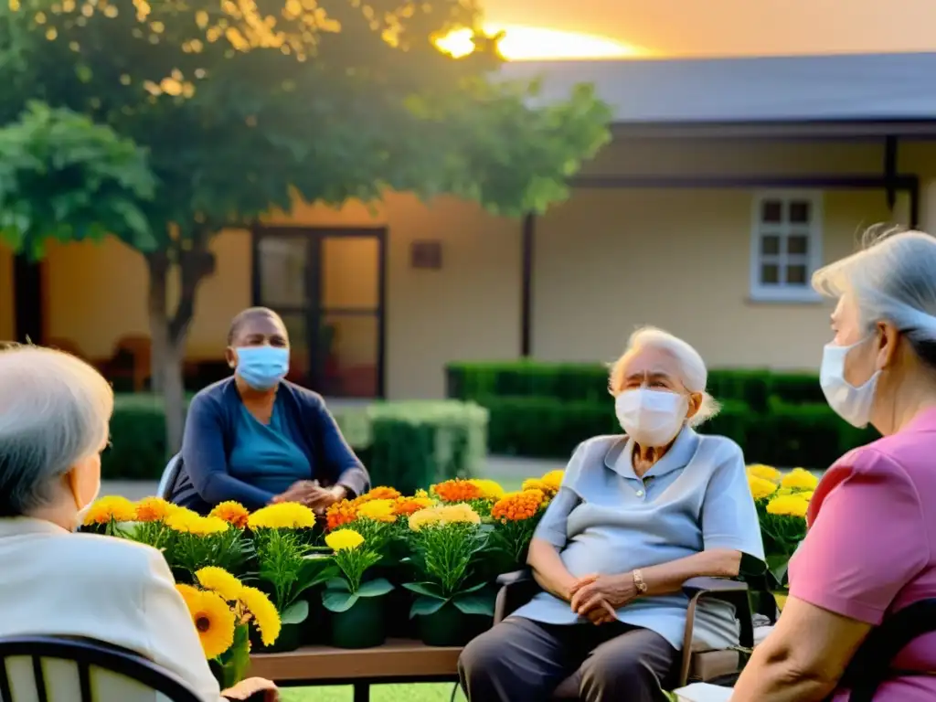 Grupo de personas mayores con mascarillas en círculo, debatiendo al atardecer