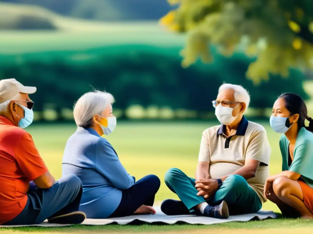 Grupo de personas mayores con mascarillas conversando al aire libre, reflejando comunidad y esperanza en tiempos de pandemia