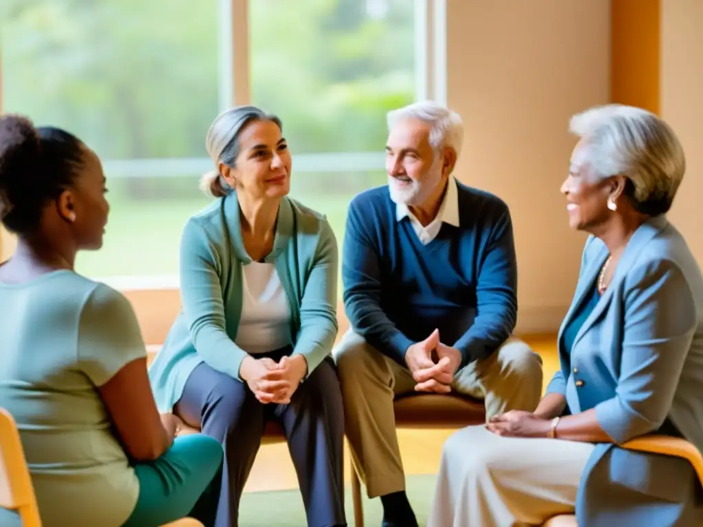 Grupo de personas mayores participando en una sesión de terapia con un profesional cálido y compasivo