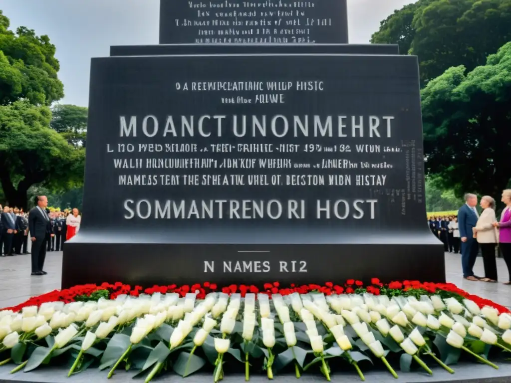 Grupo de personas en monumento conmemorativo, preservación de la historia y educación sobre dictaduras