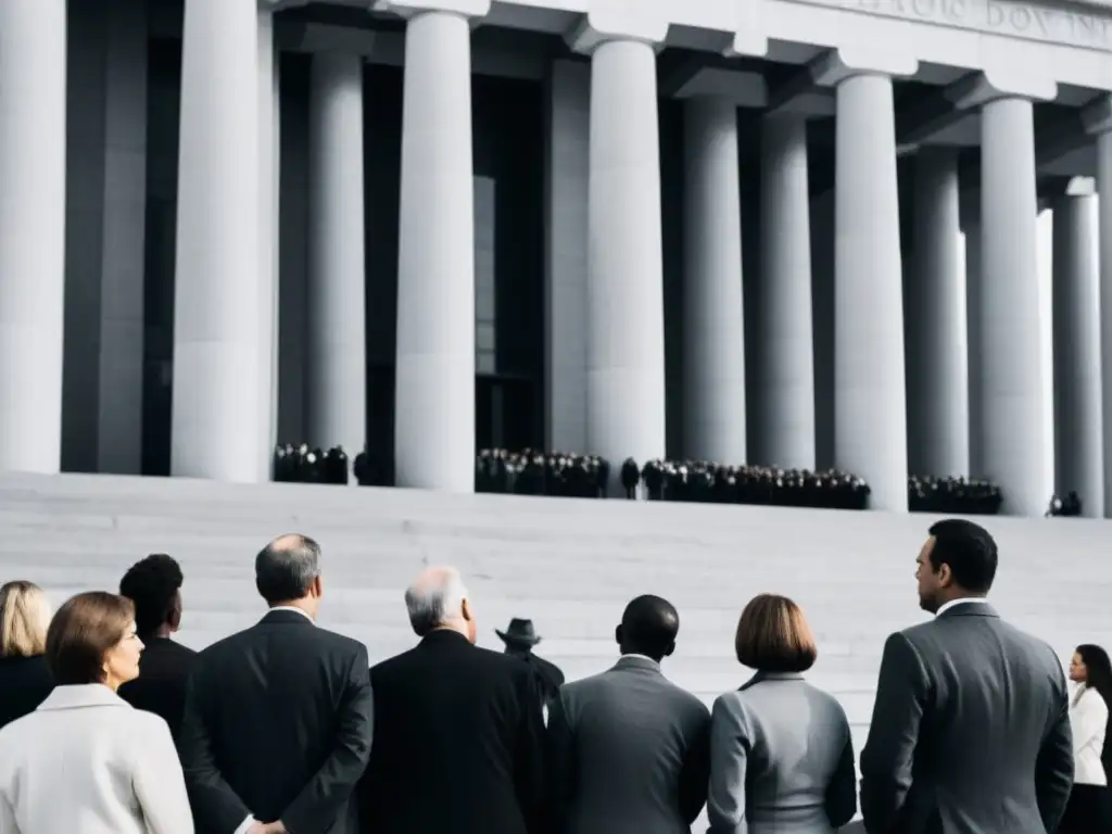 Grupo de personas oprimidas frente a un imponente edificio gubernamental