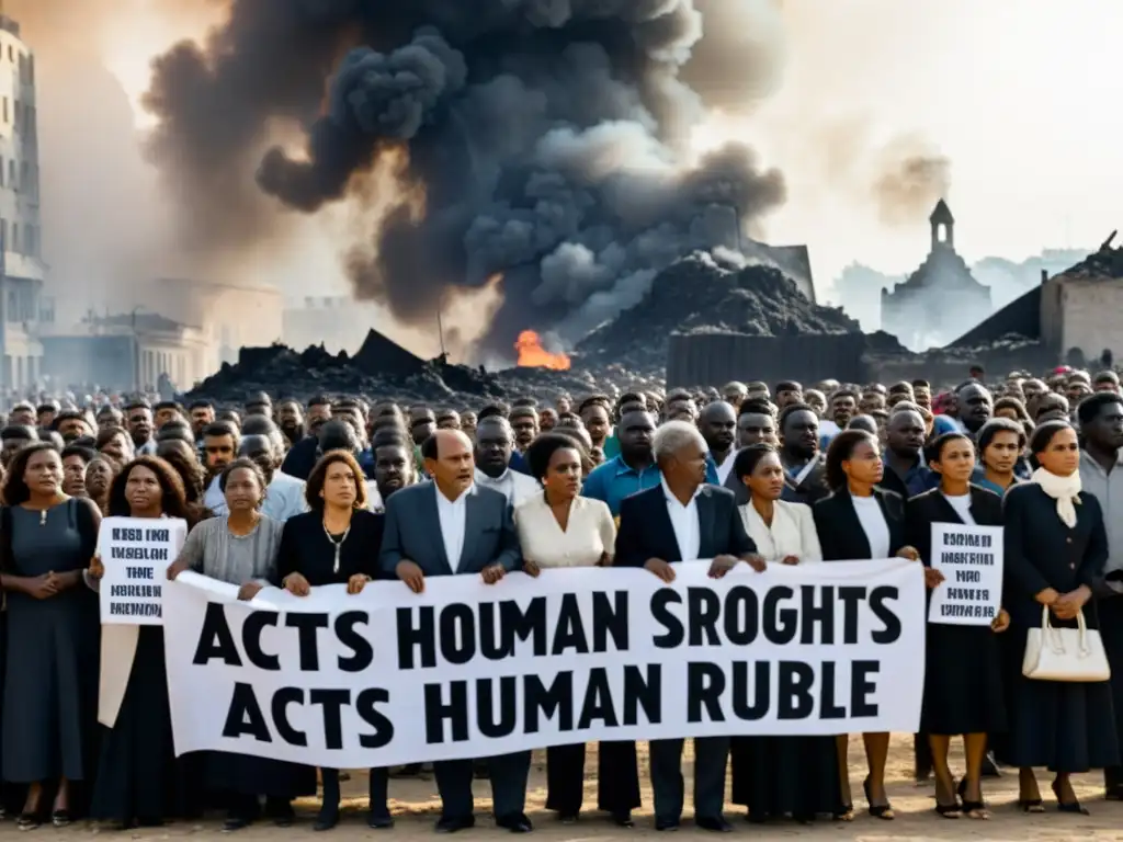 Un grupo de personas sostiene pancartas con mensajes poderosos sobre derechos humanos en una ciudad destruida por la guerra