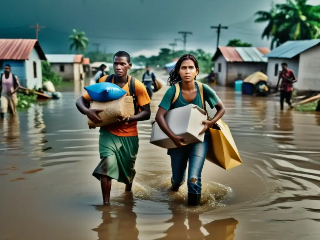 Grupo de personas llevando sus pertenencias en un área inundada, con hogares y estructuras dañadas al fondo