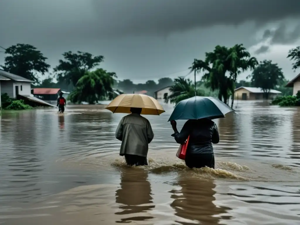 Grupo de personas huyendo con sus pertenencias sobre sus cabezas en aguas de inundación