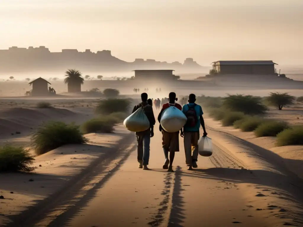 Un grupo de personas llevando sus pertenencias a través de un paisaje árido y afectado por la sequía, con la silueta borrosa de una ciudad a lo lejos