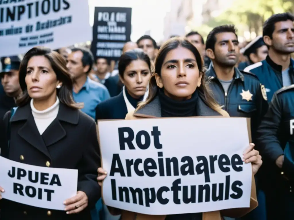 Un grupo de personas se reúne en una protesta, sosteniendo carteles con nombres de desaparecidos durante la dictadura argentina