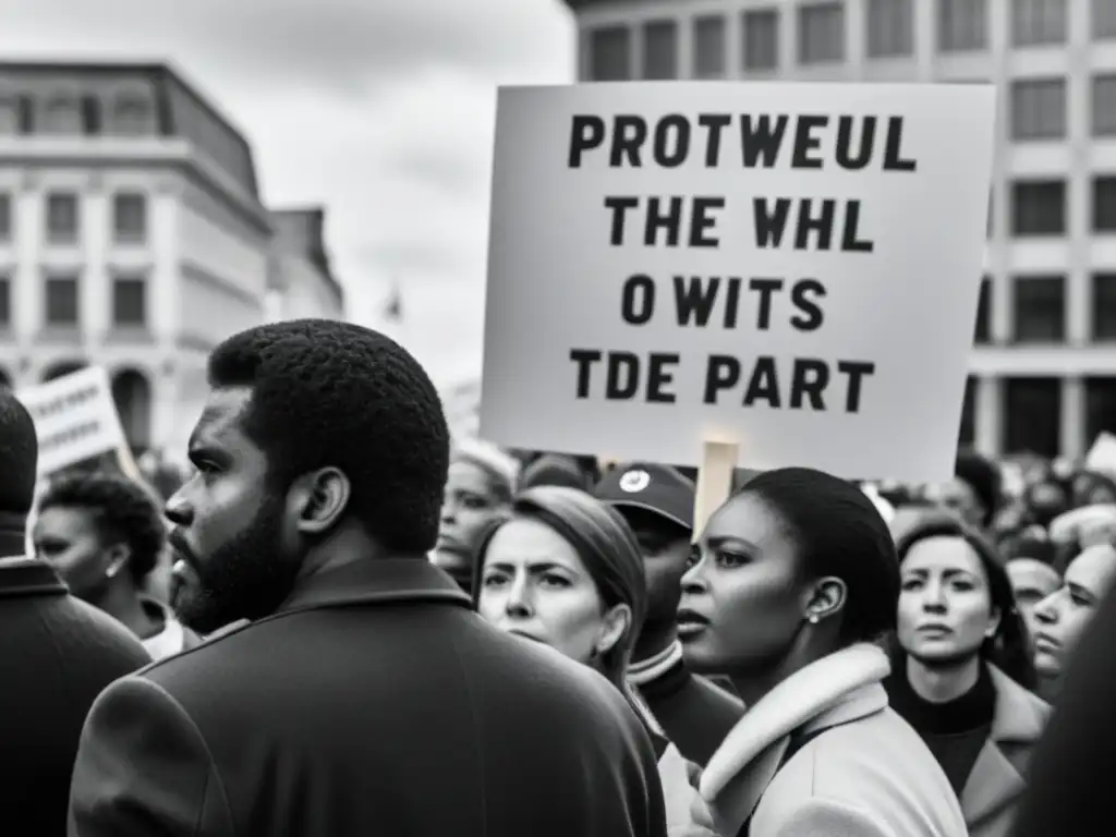 Grupo de personas en una protesta urbana con carteles, mostrando determinación y resistencia contra la opresión en países autoritarios