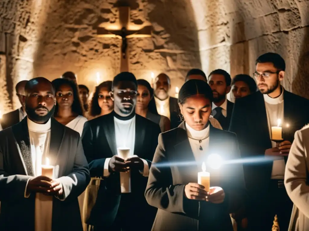 Grupo de personas en secreto servicio religioso en iglesia subterránea, iluminados por velas