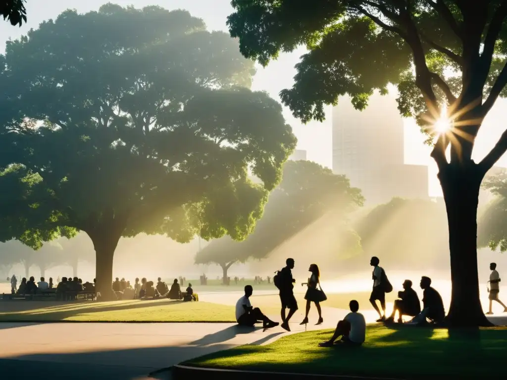 Refugio bajo el sol: Impacto del calor urbano Un grupo de personas busca sombra en un parque urbano, en medio del impacto del calor extremo