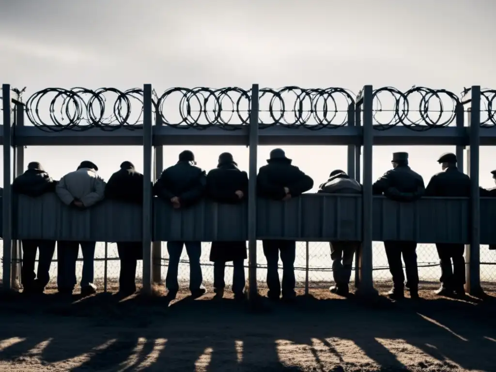 Grupo de personas sombrías en fila, rodeadas de alambradas y torres de vigilancia