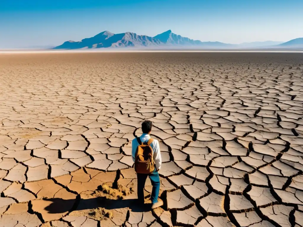 Grupo de personas en tierra árida, cuidando cultivo marchito