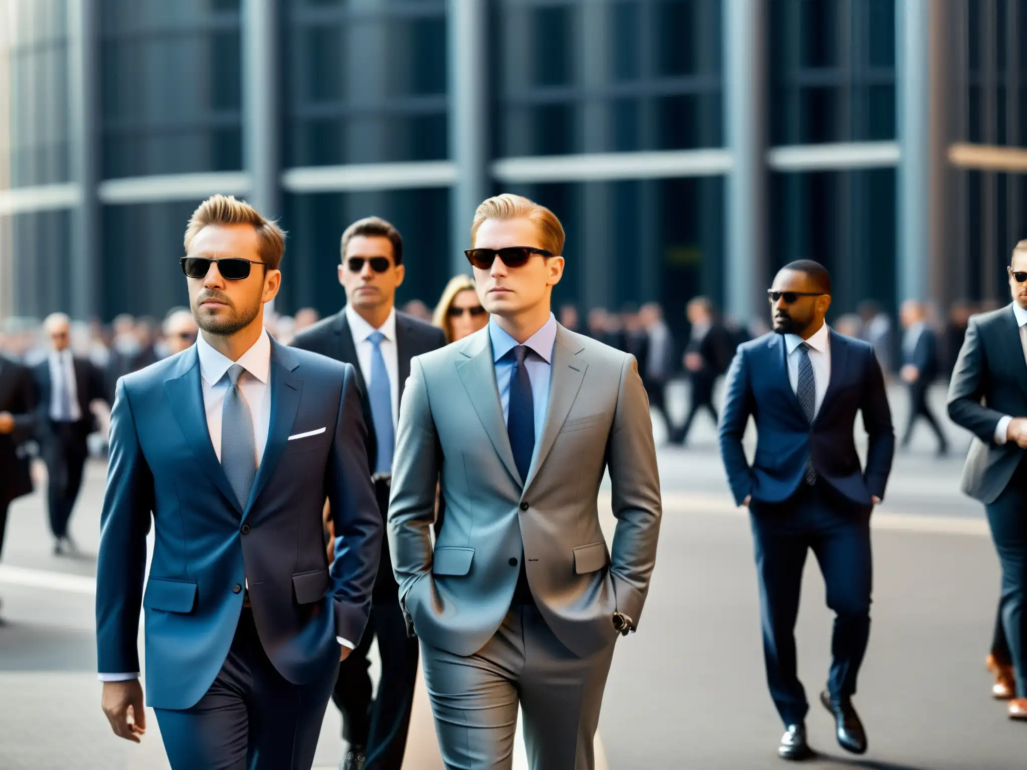 Un grupo de personas en trajes y gafas de sol realizando vigilancia encubierta con equipos sofisticados en un entorno urbano