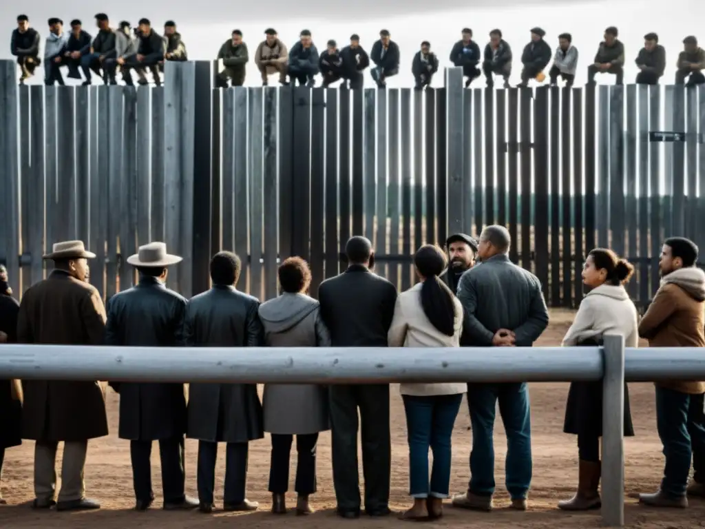 Grupo de personas expresando frustración y determinación en una valla fronteriza, reflejando conflictos pasados de derechos territoriales