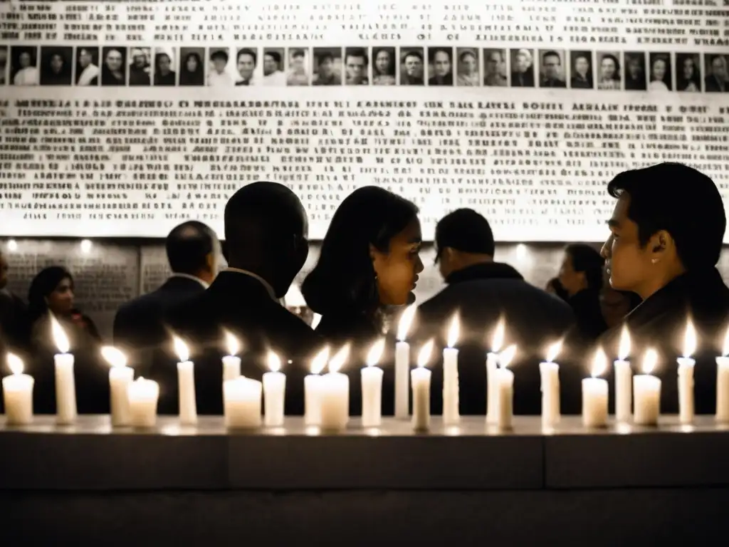 Grupo de personas con velas frente a memorial de desaparecidos dictaduras búsqueda justicia