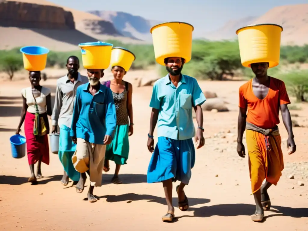 Grupo llevando pesadas cubetas de agua en terreno árido