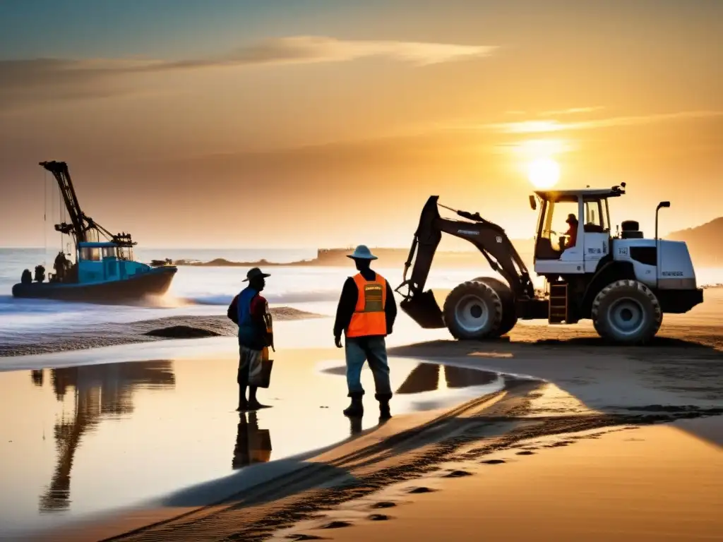 Grupo de pescadores locales observando la extracción de arena en la costa al atardecer