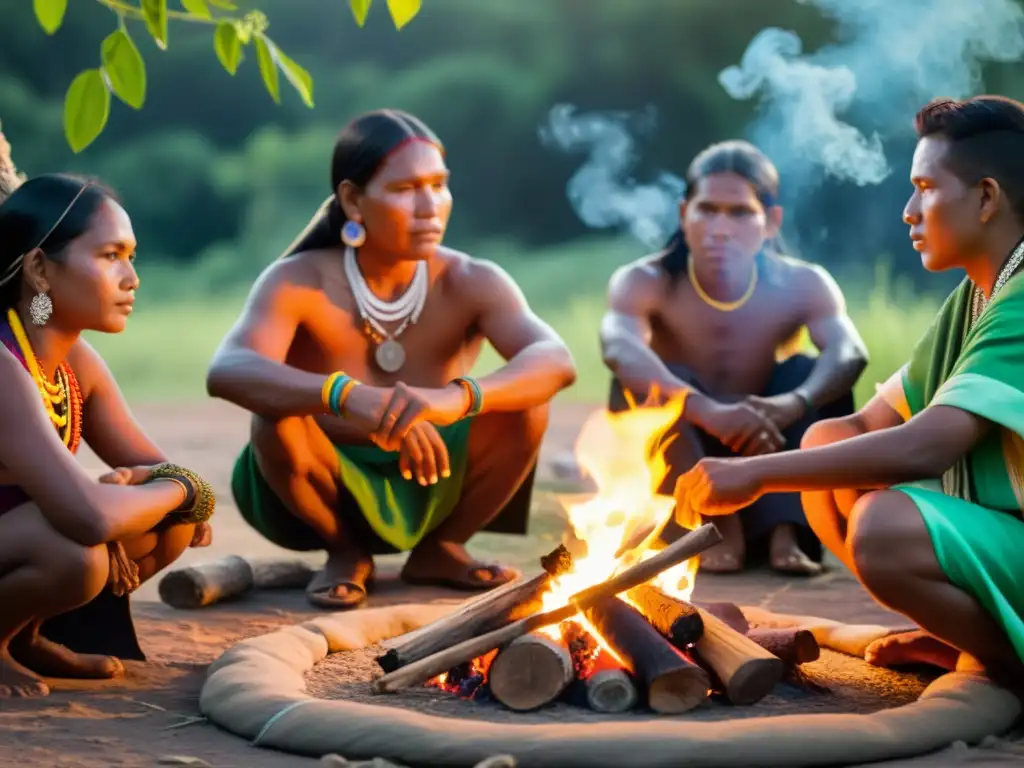 Grupo de poblaciones indígenas reunidas alrededor del fuego, participando en una ceremonia tradicional mientras el resplandor ilumina sus rostros