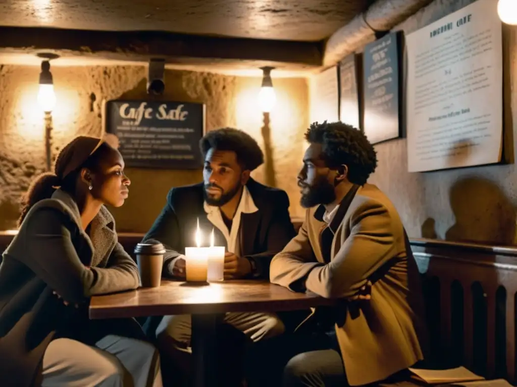 Grupo de poetas de la disidencia recitando apasionadamente en un café clandestino iluminado por velas, lleno de arte revolucionario