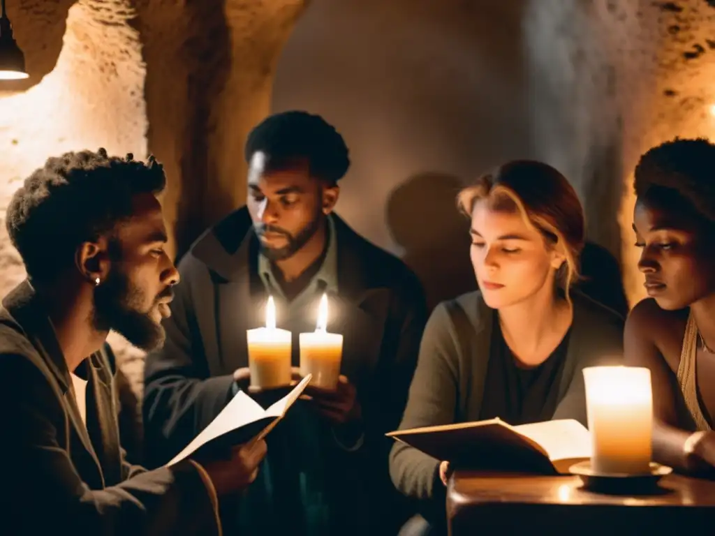 Grupo de poetas de la disidencia recitando apasionadamente en un café subterráneo, iluminados por velas, reflejando su lucha por la libertad de expresión